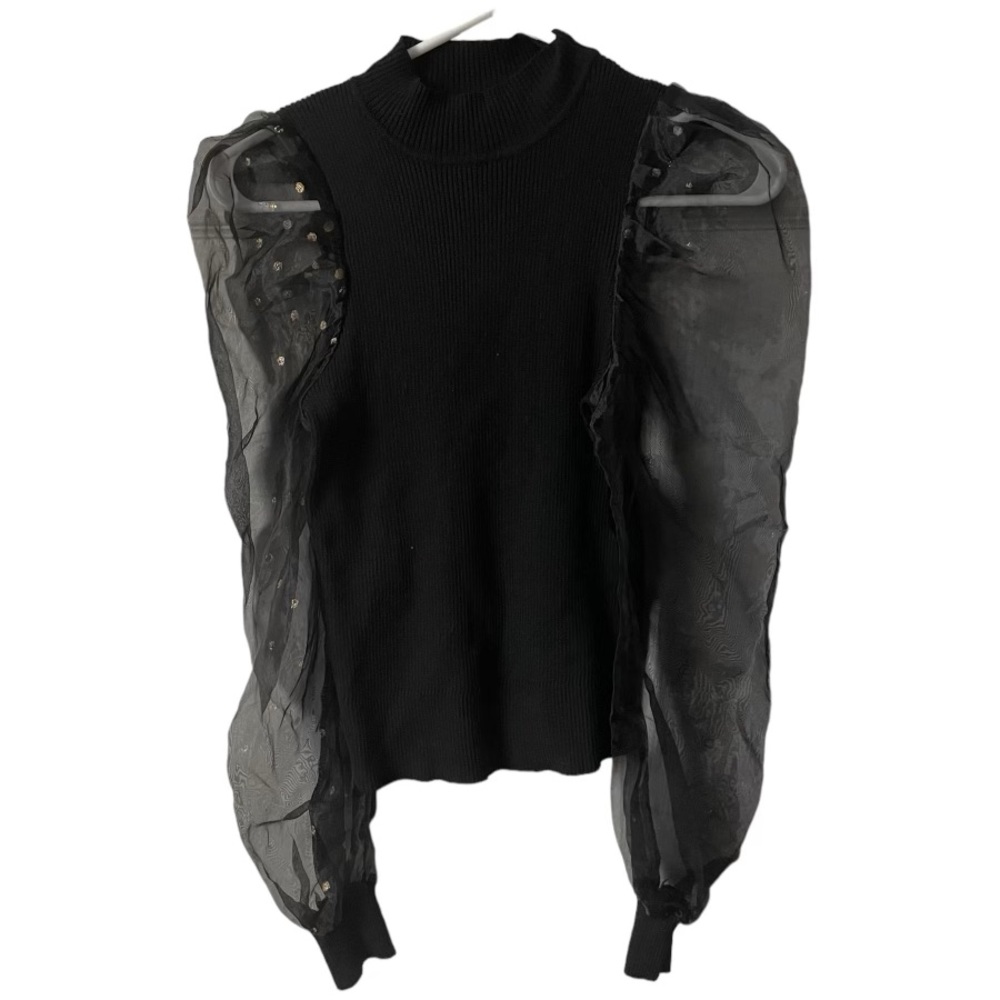 Peach, black sweater with mesh puff sleeves. Ladies size M